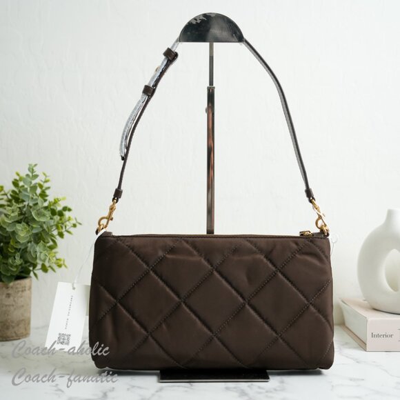 NWT Tory Burch Willa Nylon Zip Shoulder Bag in Dark Roast - Picture 8 of 11